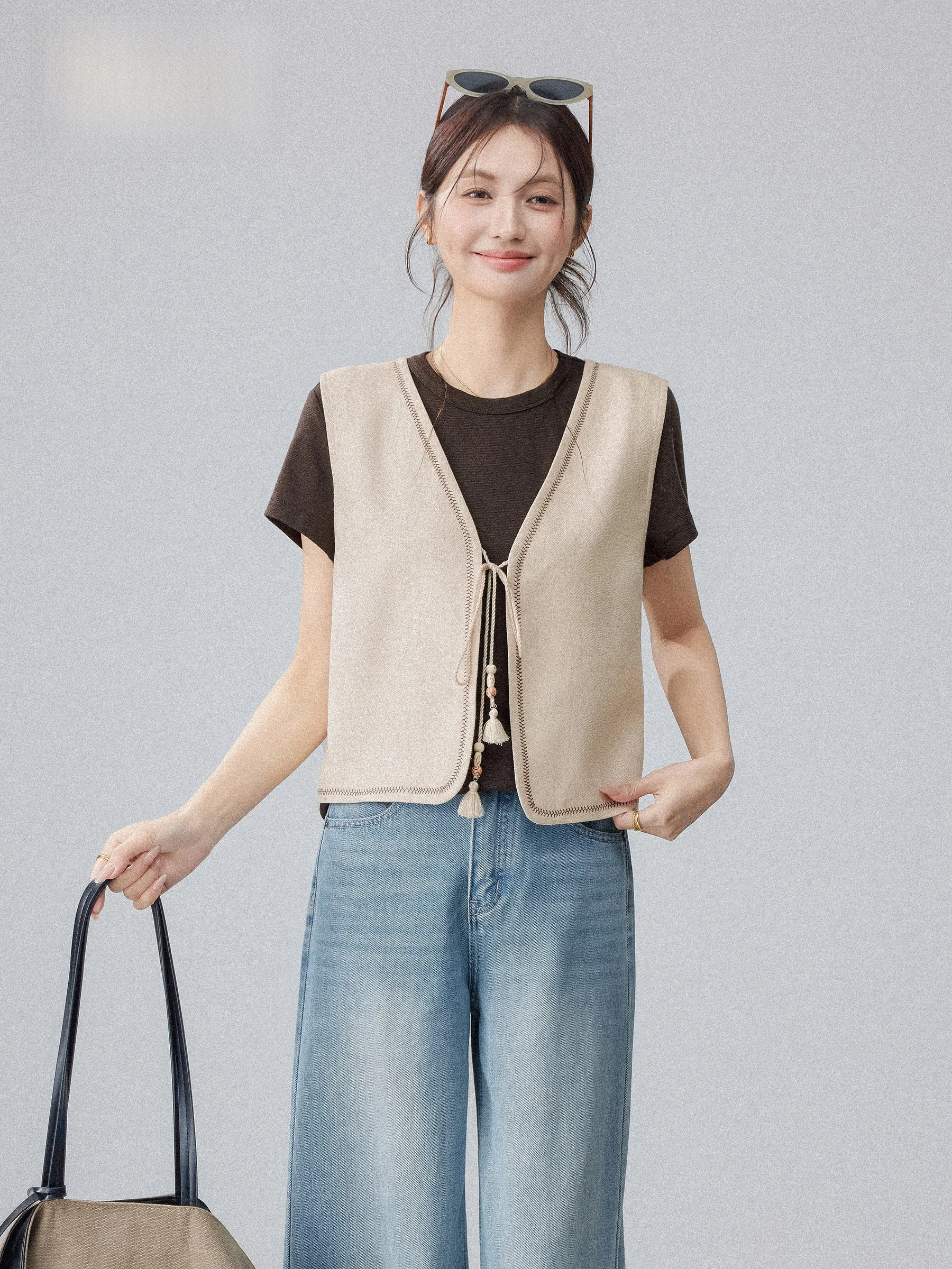 

Women's V-Neck Sleeveless Vest Belted Early Spring New Design Korean Style Versatile Outerwear Fashionable Mid-Length Cardigan