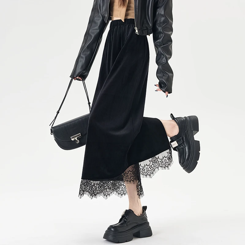 

Черная бархатная юбка для женщин, новинка 2023 года, осень-зима, теплые винтажные юбки трапециевидной формы с кружевной эластичной высокой талией, повседневная плиссированная юбка