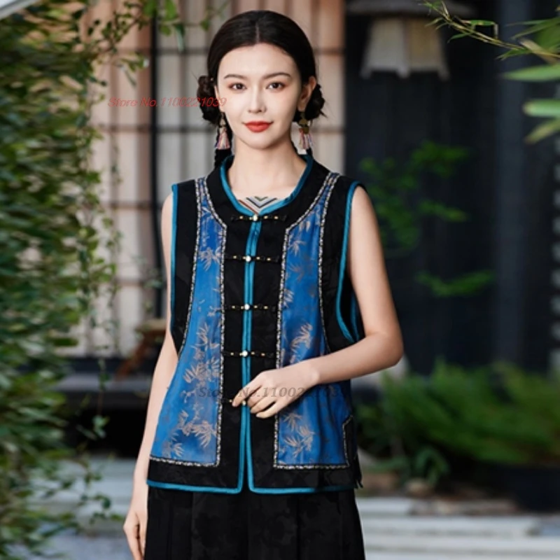 

Традиционный китайский винтажный жилет 2025 года, национальный атласный жилет с круглым вырезом и бамбуковым принтом, восточные топы ханфут, этнический элегантный народный жилет