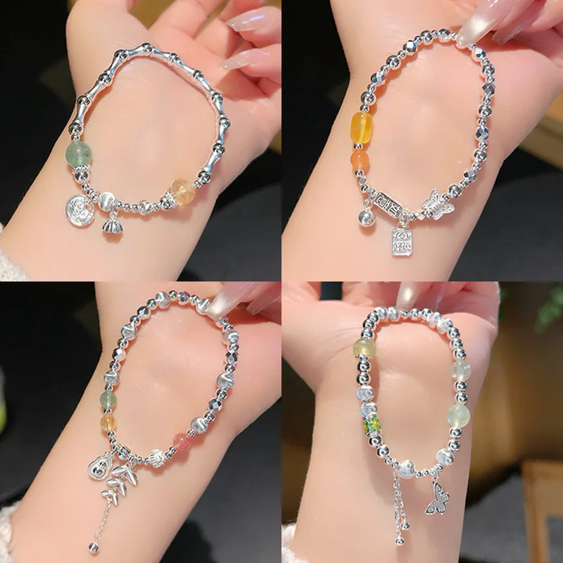 

A Few Pairs of 999 Pure Silver Bamboo Joint Chalcedony Broken Silver Bracelet, A New Chinese-style Beaded Bracelet