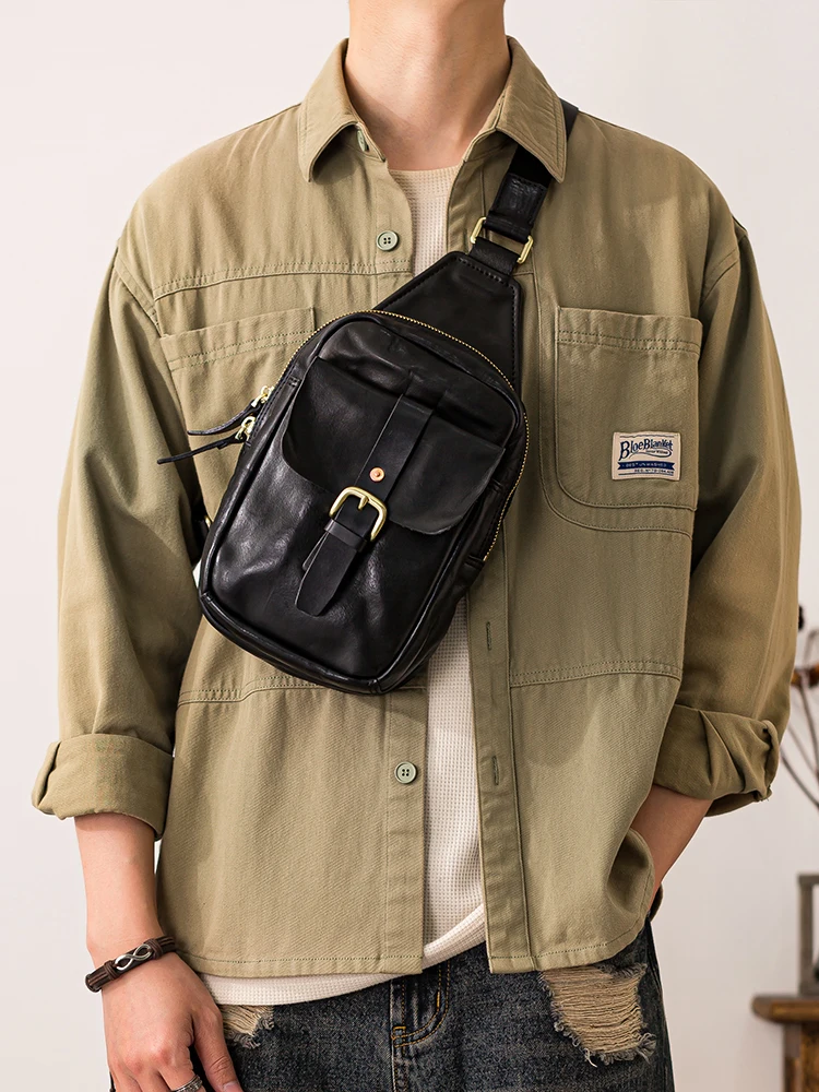 fashion designer handmade first layer cowhide men's black chest bag outdoor daily sports luxury genuine leather crossbody bag