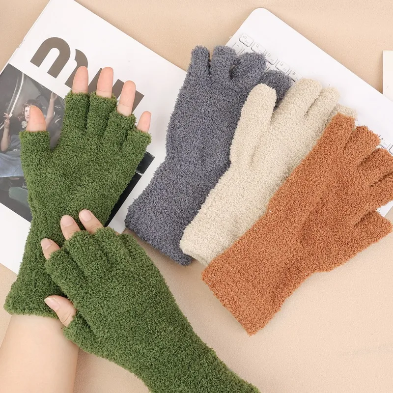 Thicken Plush Warm Gloves Solid Color Coral Fleece Touchscreen Fingerless Glove for Women Winter Half Finger Writing Mittens