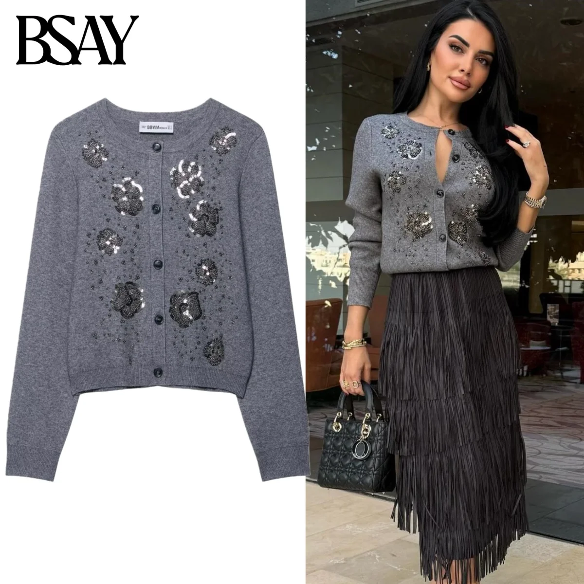 

BSAY вязаный кардиган с бусинами, свитер, пальто для женщин, модная осенне-зимняя однобортная куртка с длинными рукавами и круглым вырезом