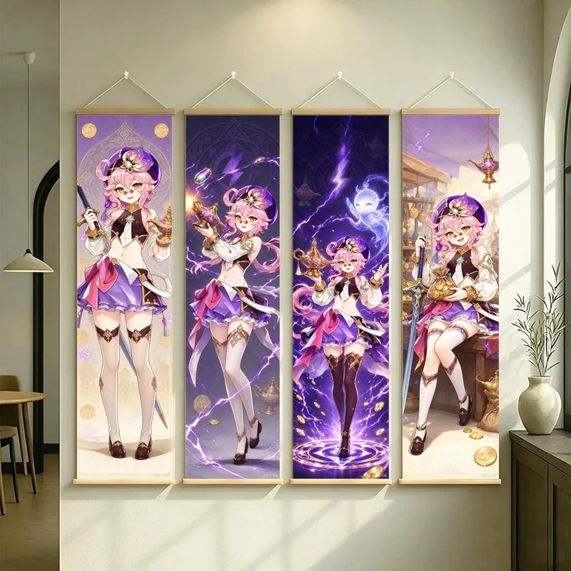 Hanging Scroll Wall Art of Genshin Impact Dori in Purple and Gold Fantasy on Silver Shimmer Canvas for an Anime Bedroom