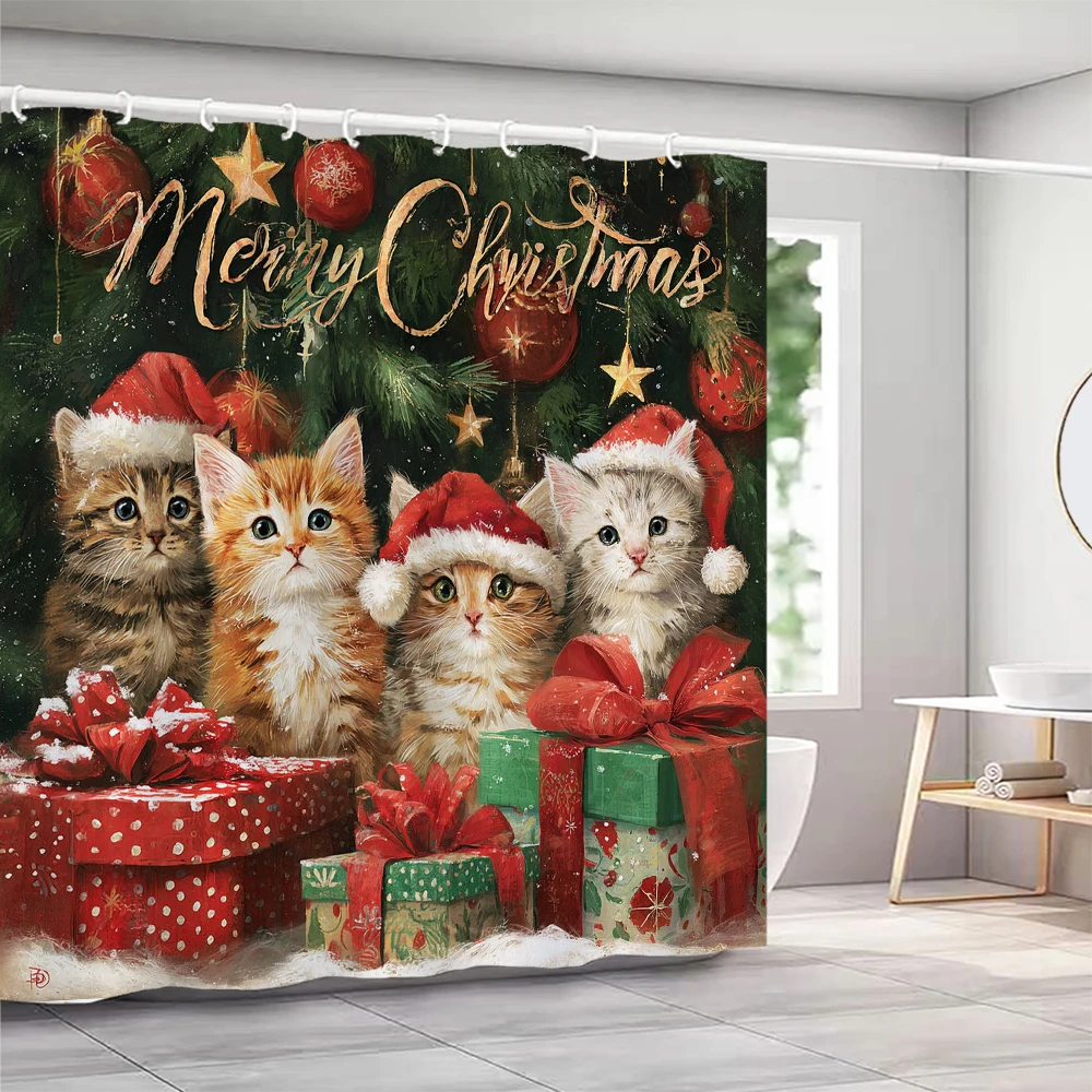 

Lovely Christmas cat and dog Shower Curtain with Hooks Christmas Shower Curtain home for print Christmas decoration Curtain