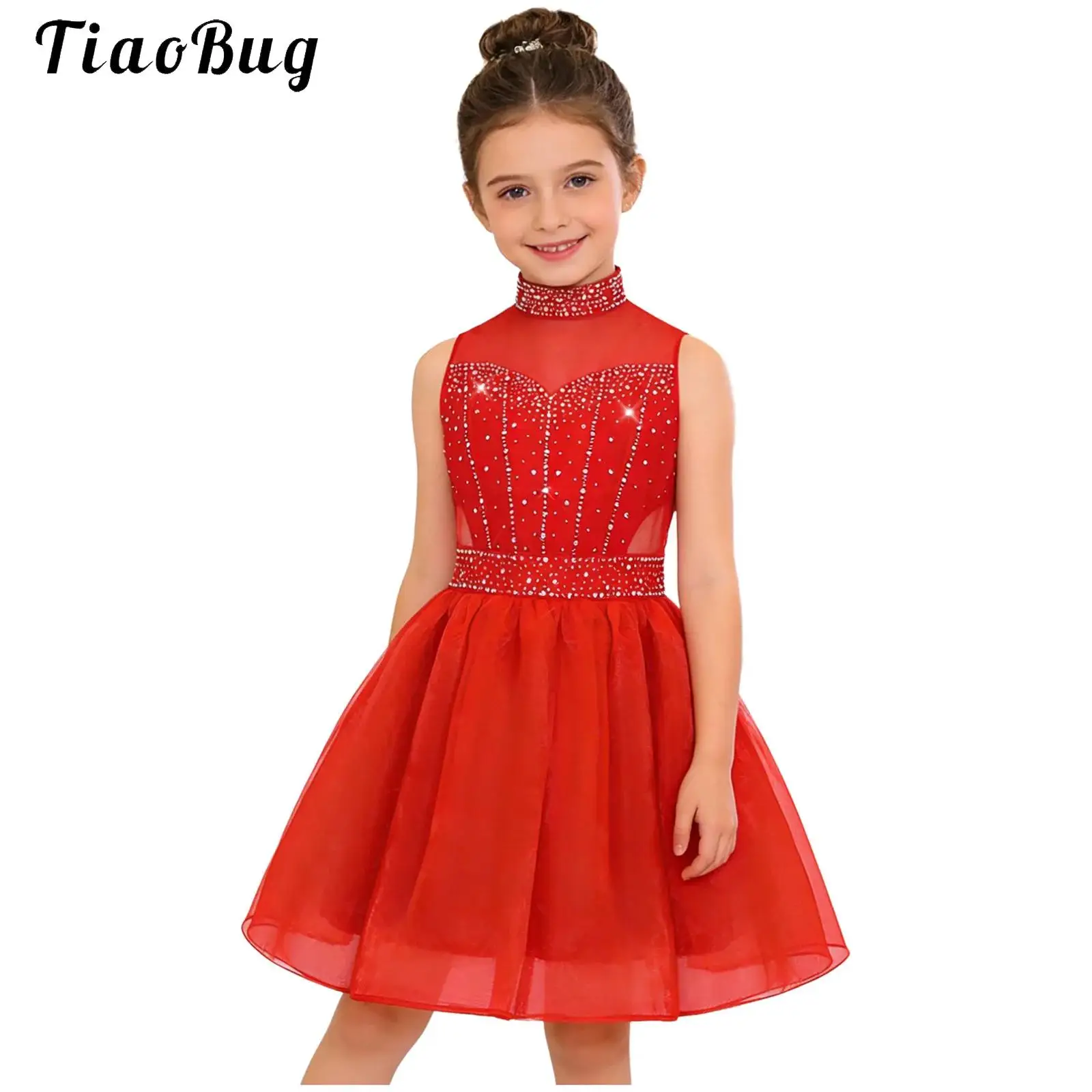 

Flower Girls Dress Kids Shiny Rhinestone Tulle Dress Sleeveless Mesh Princess A-line Tutu Dress for Birthday Party Pageant Gowns