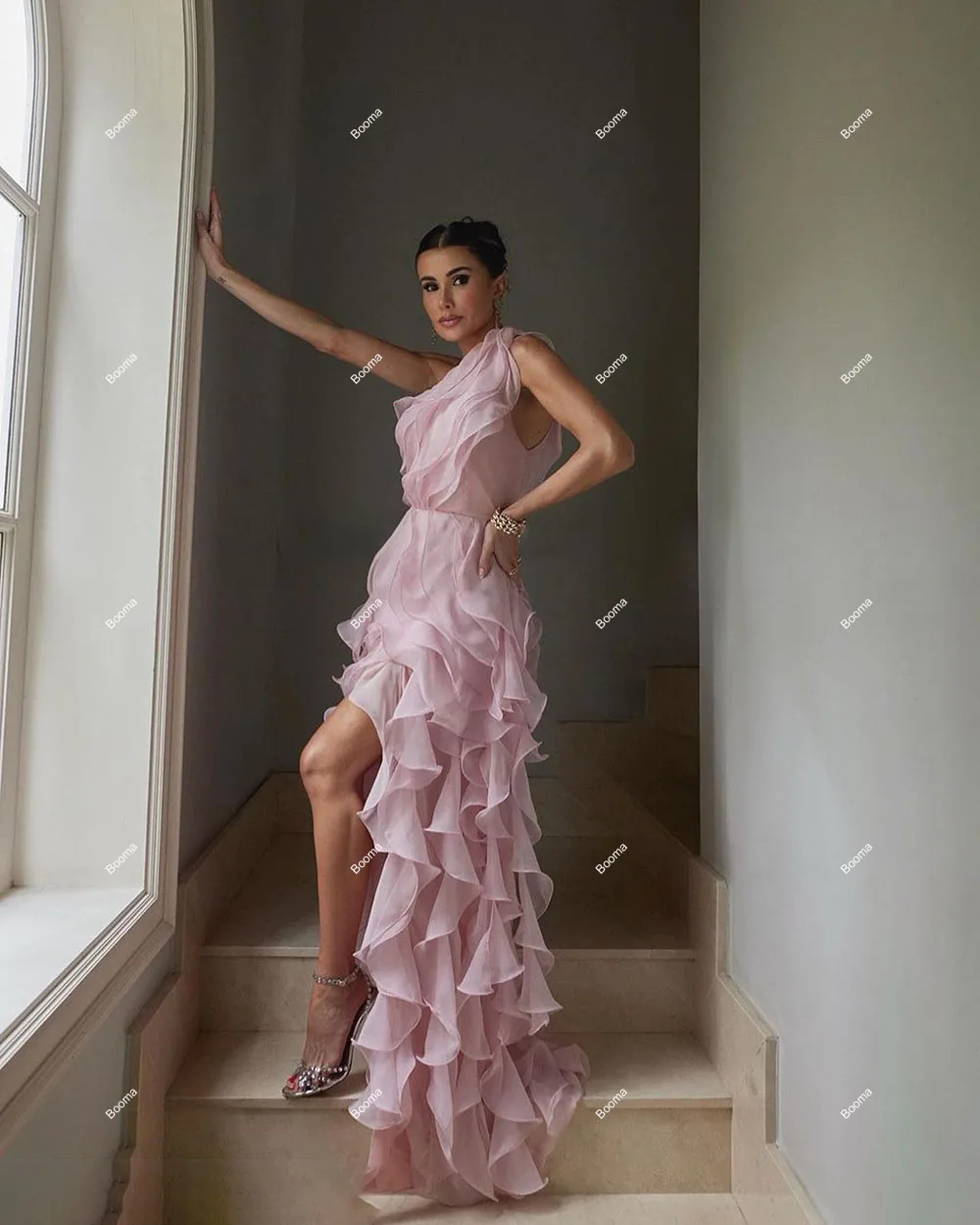 Booma Pink A-line Prom Dresses One Shoulder Ruffles Orgazan Wedding Party Gowns High Side Slit Women's Evening Dress Customized