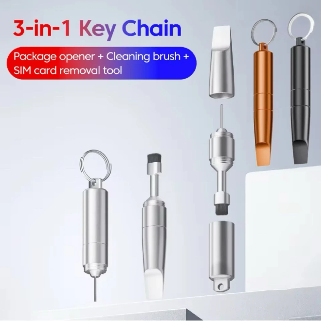 3in 1 Keychain Tool SIM Eject Pin Cleaning Brush Box Cutter Portable Phone Earphone Cleaning Tool