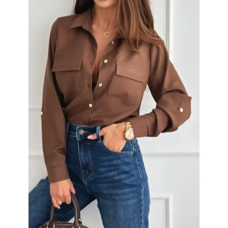 S-XXL المرأة أزياء بلون بلوزة بأكمام طويلة قميص السيدات التلبيب عارضة طويلة الأكمام واحدة الصدر قميص