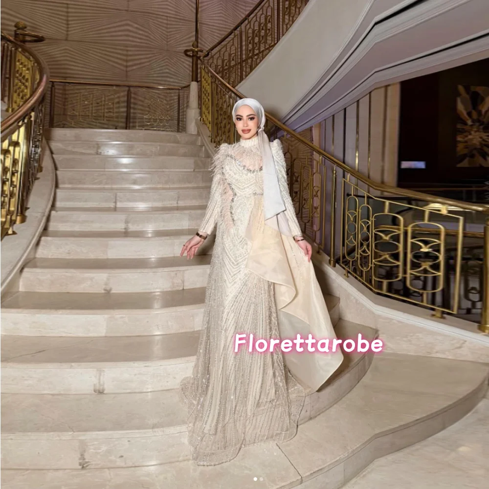 

Customized Exquisite Women Rhinestone Sequined Mermaid Evening Dress Arabic Luxury High Collar Long Sleeves Feathers PromDres