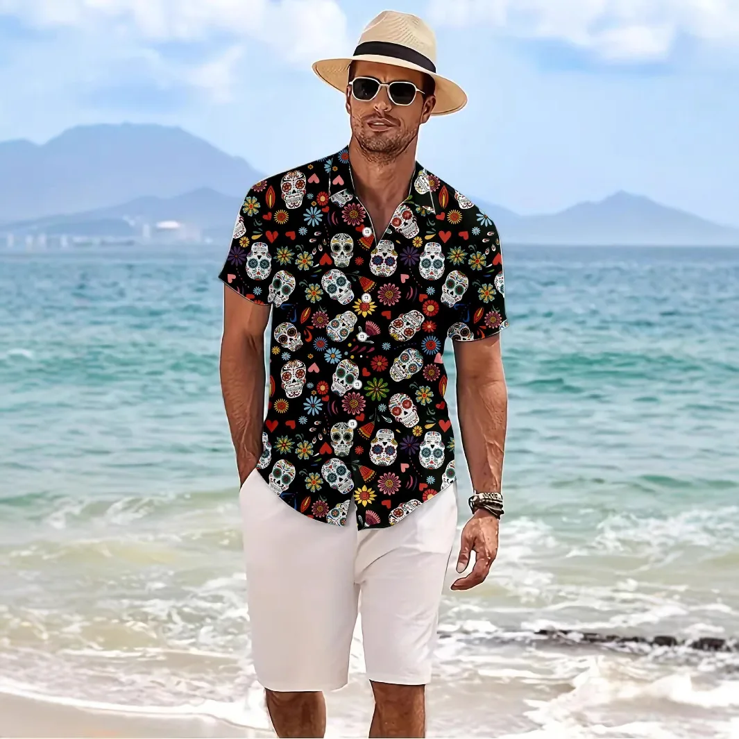 

Y2K Summer New Mens Retro Skeleton Funny Print Hawaiian Shirt Causal Luxury Hawaii Beach Shirts For Man Techwear Chemises Hommes