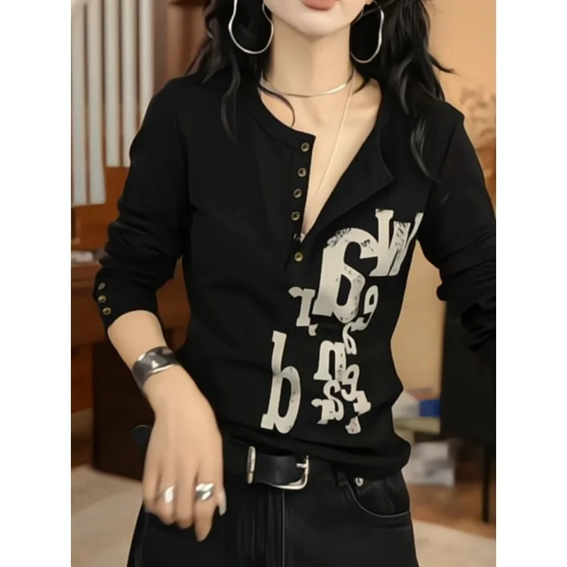 

Женская футболка с длинными рукавами и пуговицами из чистого хлопка, новый модный облегающий топ