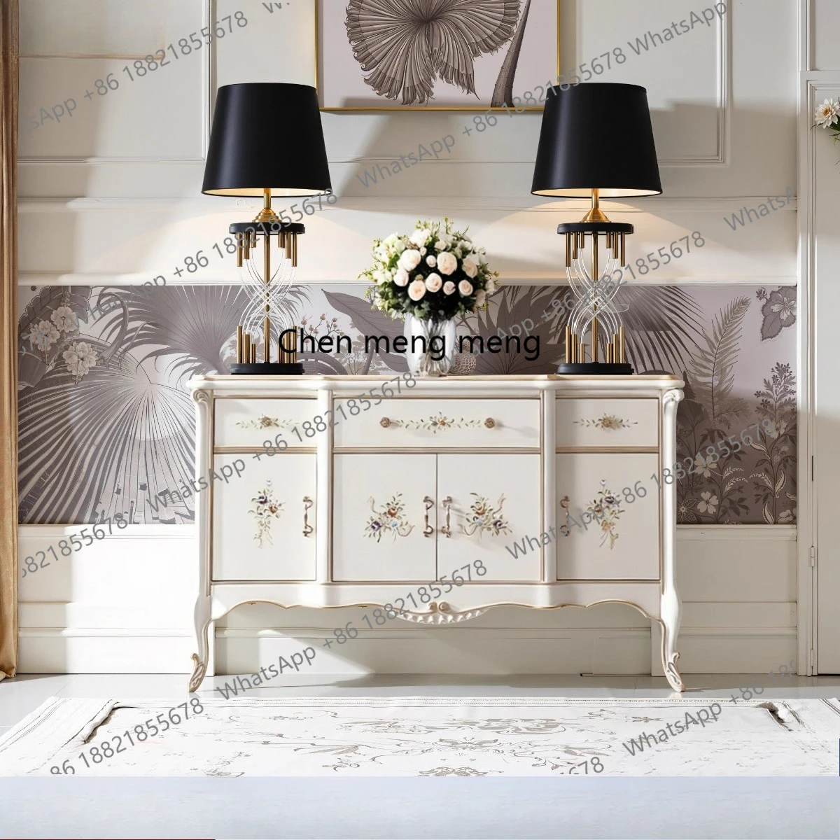 

French Style Painted Entryway Cabinet High-End European Villa Hand-Carved Art Decor Cabinet Solid Wood Sideboard