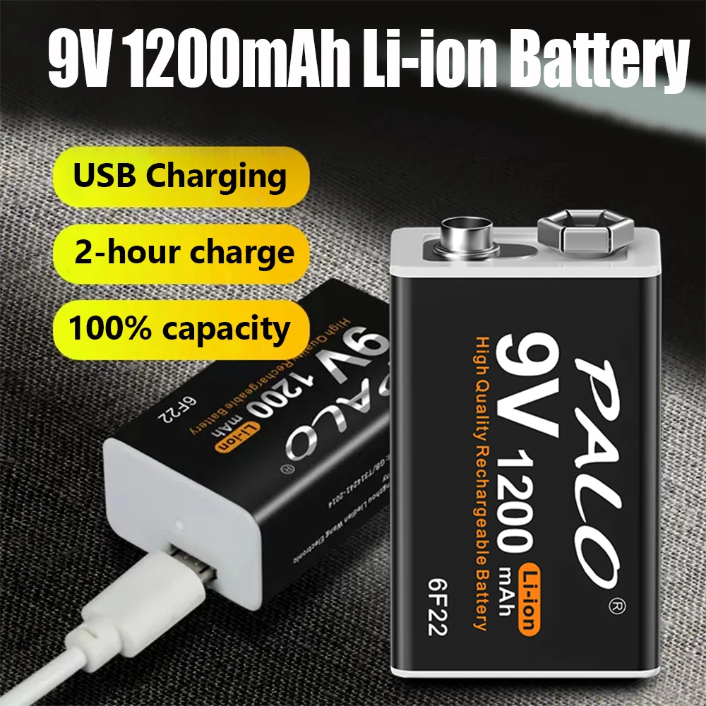 

Crown Battery 9V li-ion Rechargeable Batteries 6F22 1200mAh 9Volt Lithium Battery USB Charging For Metal Detector Microphone Toy