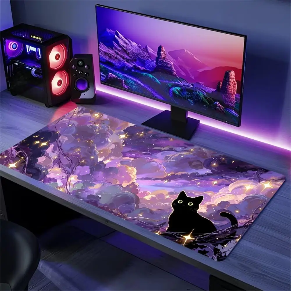 Desk Mat Purple Starry Sky Black Cat Print Anti Slip Rubber Mousepad Stitched Edge Keyboard Pad For PC Laptop Gamers Table Decor