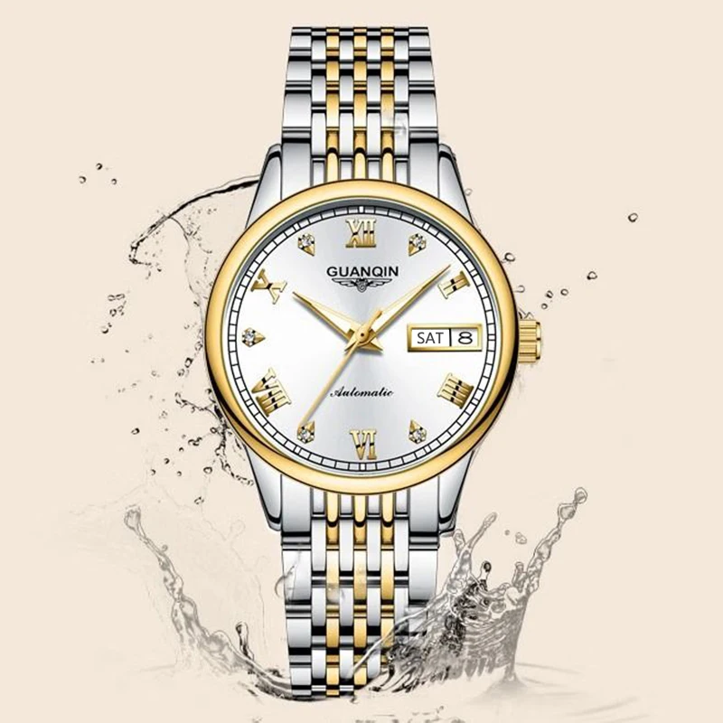 Guanqin relógio mecânico feminino de luxo movimento automático caixa aço inoxidável 32mm dial data semana lazer relógios à prova dwaterproof água