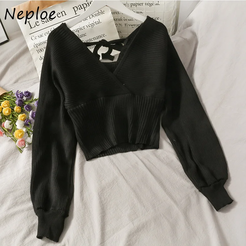 Neploe V Neck Cross Bow Design Sexy Open Back Sweater Pullover Long Sleeve Slim Fit Knit Pull Femme Spring Outwear Solid Sueter