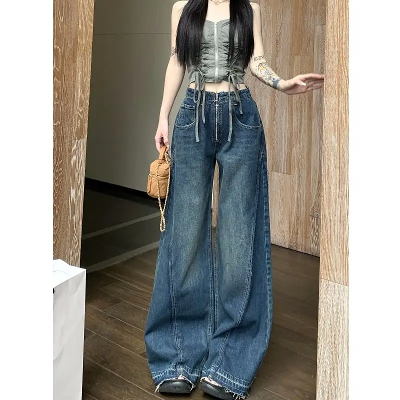 Blue High Waist Women Jeans Hip-hop Style Fashion Vintage Streetwear Y2K Wide Leg Jean 2024 Female Trouser Baggy Denim Pants