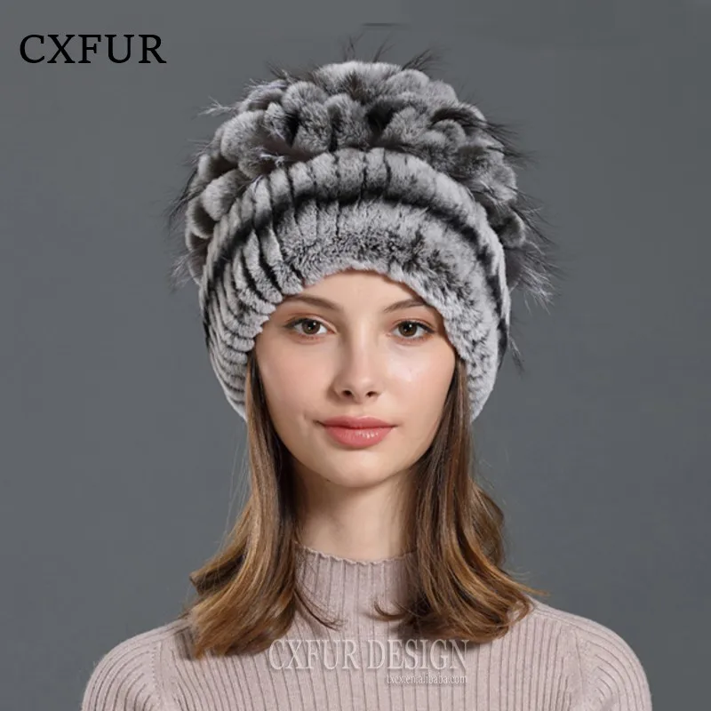 Ladies Elegant American Warm Beanie Real Rex Rabbit Fur Knitted Women Beanies CX-C-245C