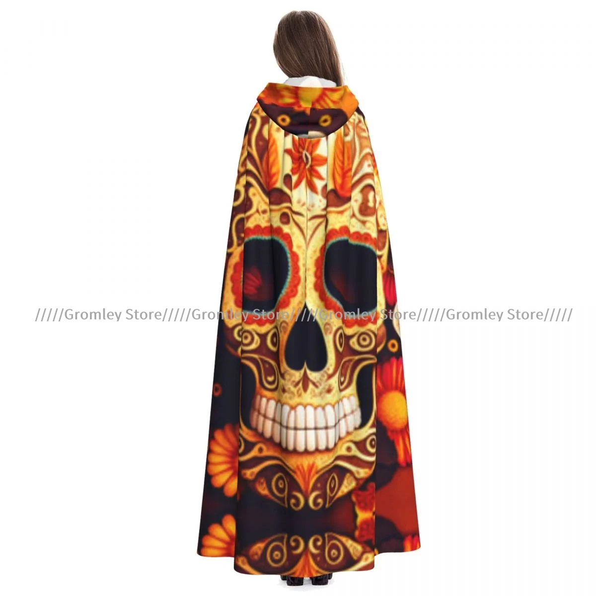 Adult Skull With Flowers For Mexican Rituals Cloak Cape Hooded Medieval Costume Witch Wicca Vampire Halloween Costume Dress Coat