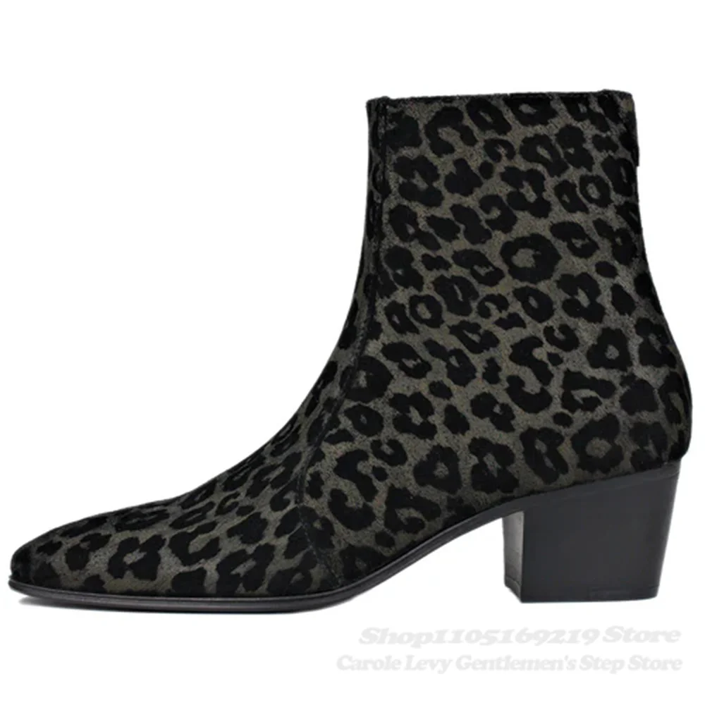 

Leopard Print Chunky Heel Men Chelsea Boot Pointed Toe Genuine Leather Ankle Zipper Male Classic High Heel Dress Short Boots