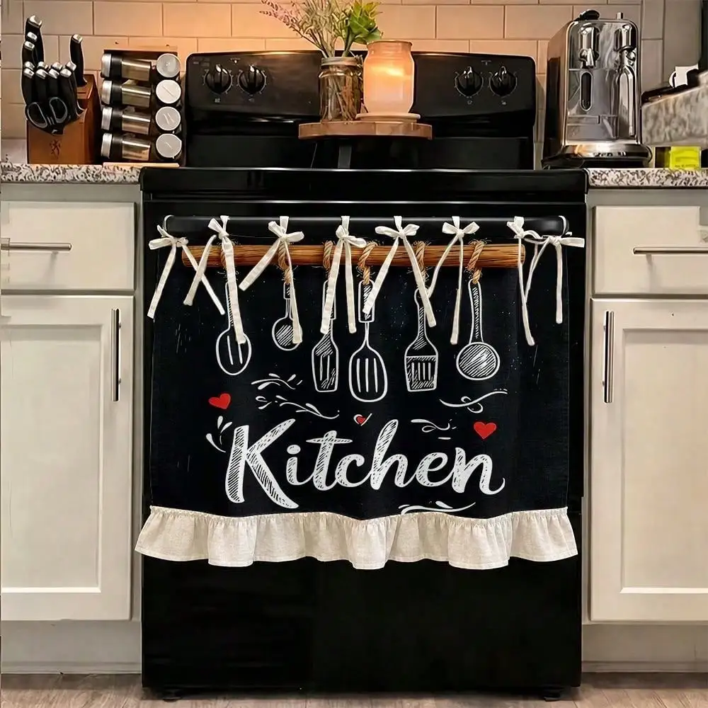 Multifunctional Chalkboard-Themed Kitchen Curtain & Apron Cover - Suitable for Oven Cover, Dishwasher, Window Decoration, Dish Drying Rack Cover - Fabric with Chalkboard Utensil, Installation for Or Cafe