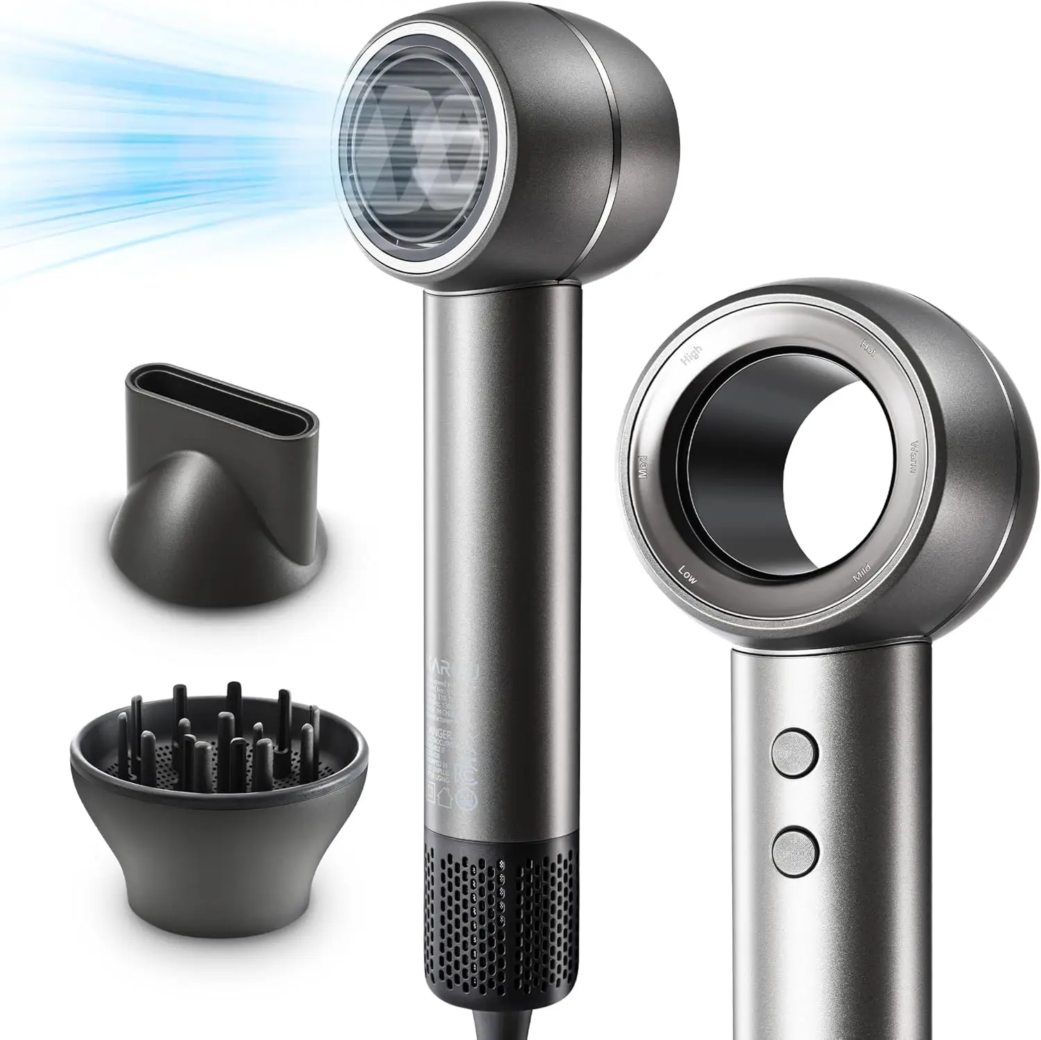 高速ヘアドライヤー,ディフューザーとノズル付きのコンパクトなヘアドライヤー,4つの温度と3つの速度