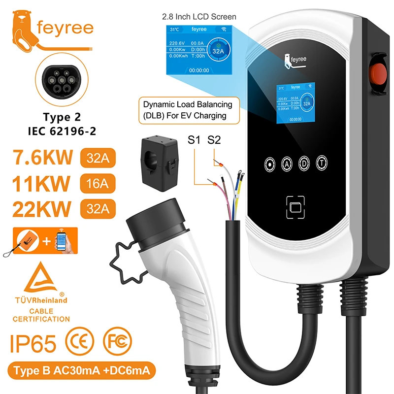 

feyree EV Charger Type2 Cable 32A 7.6KW Dynamic Load Blancing EVSE Wallbox APP Function 11KW 22KW Charging Station Electric Car