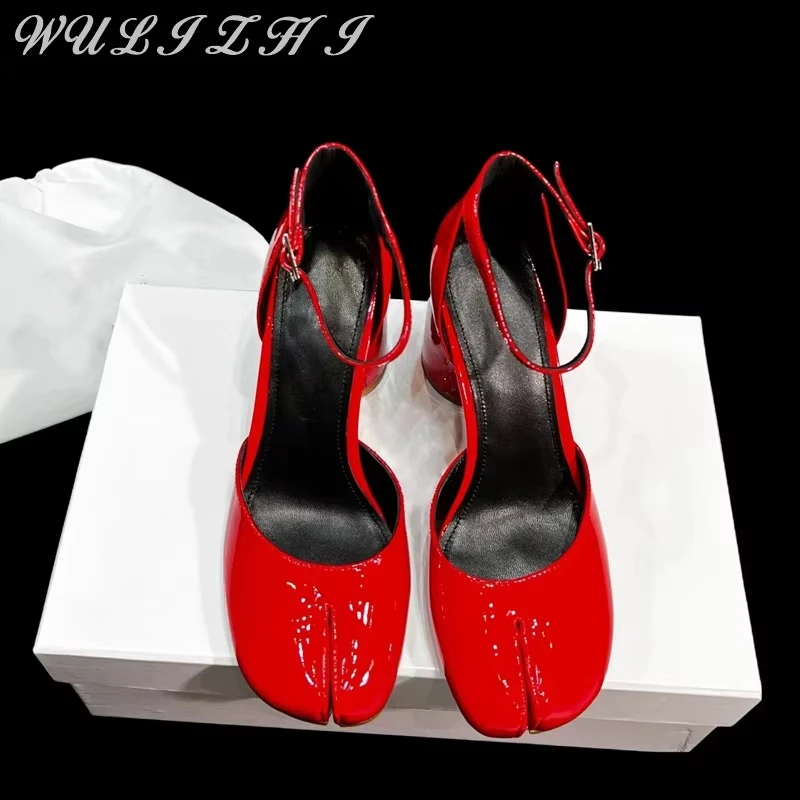 

Vintage Red Round Heel Split Toe Tabi Mary Jane Shoes Women Elegant Party High Heel Dress Shoes Buckle Patent Leather Sandals