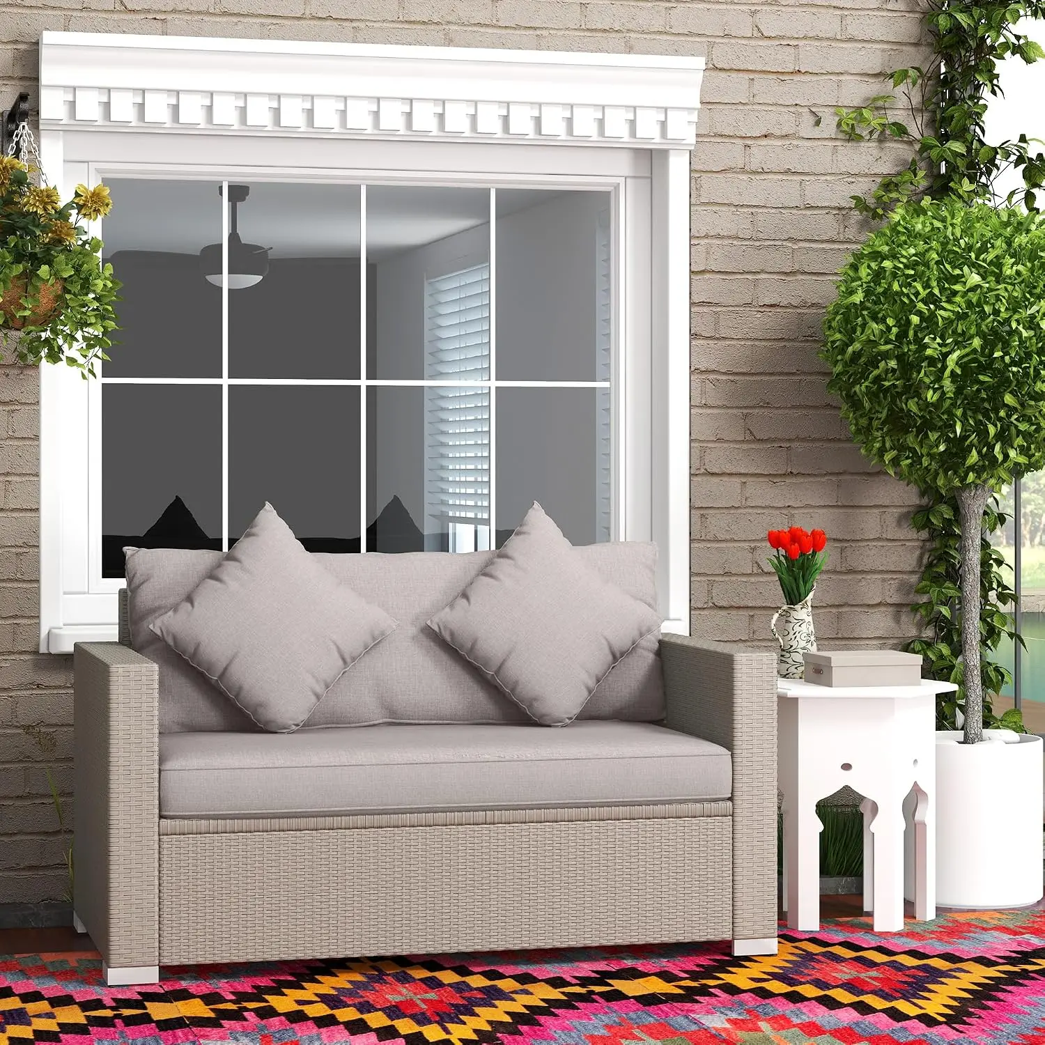 Loveseat 2-Seat Outdoor PE Rattan Sofa With Cushions & Throw Pillows For Porch Backyard Garden Poolside, Customized