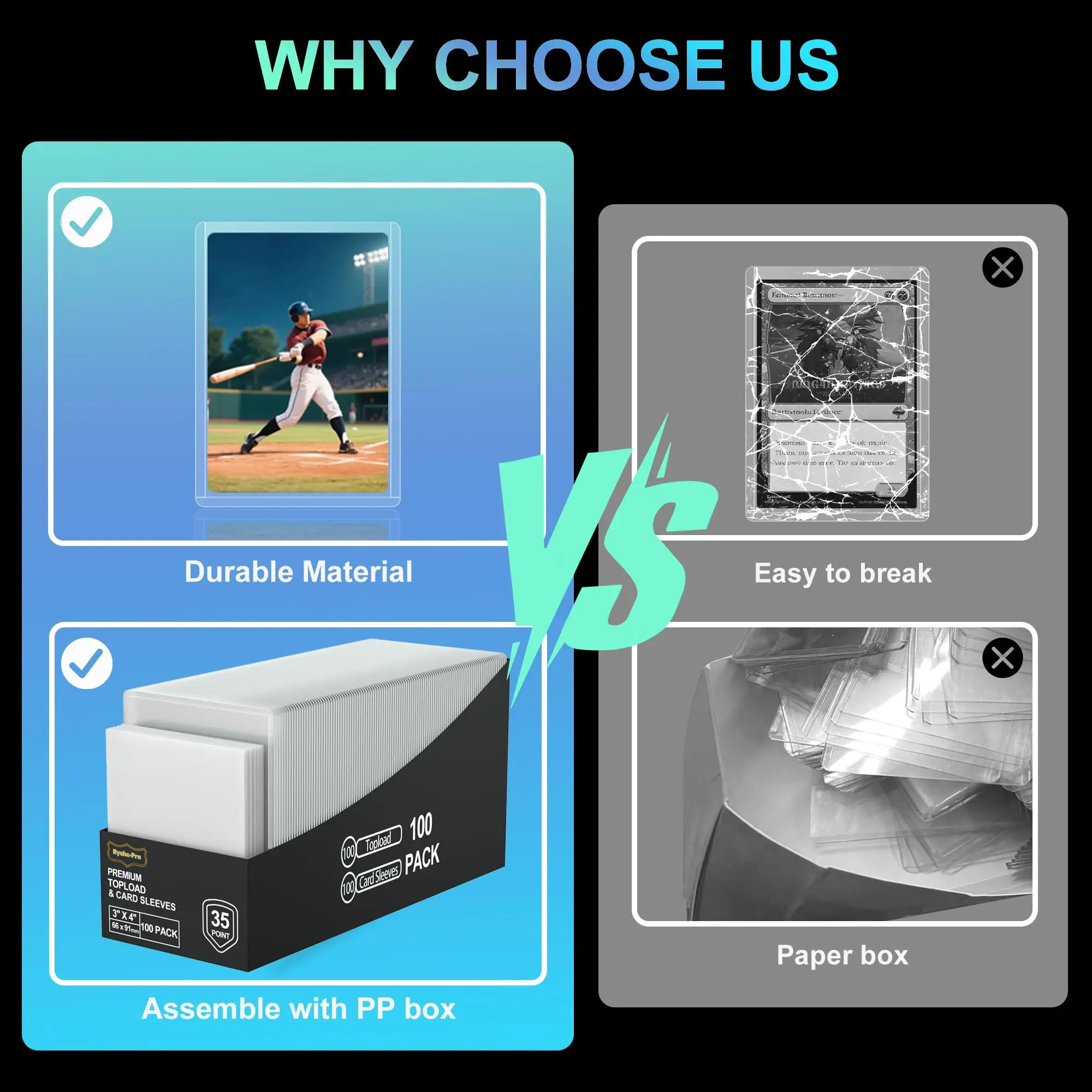 بطاقات التداول TopLoaders 3 "X4" حماة من البلاستيك الصلب 100% حماية من الأشعة فوق البنفسجية 100 لوادر علوية + 100 حافظة بطاقات داخلية + 1 صندوق PP #5