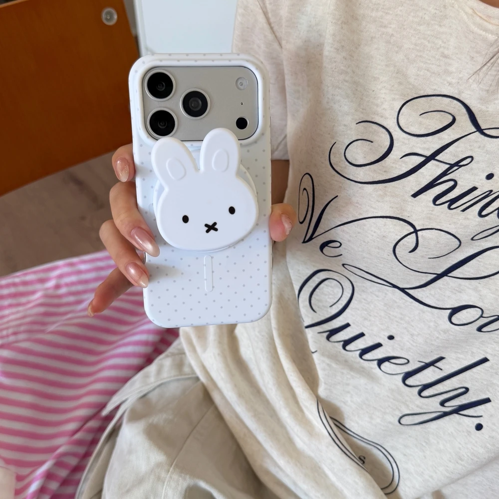 Kawaii Cute Cartoon Miffy Rabbit Magnetic Grip Tok Holder Magsafe Wireless Charge Phone Case For iPhone 17 16 15 Pro Max Cover