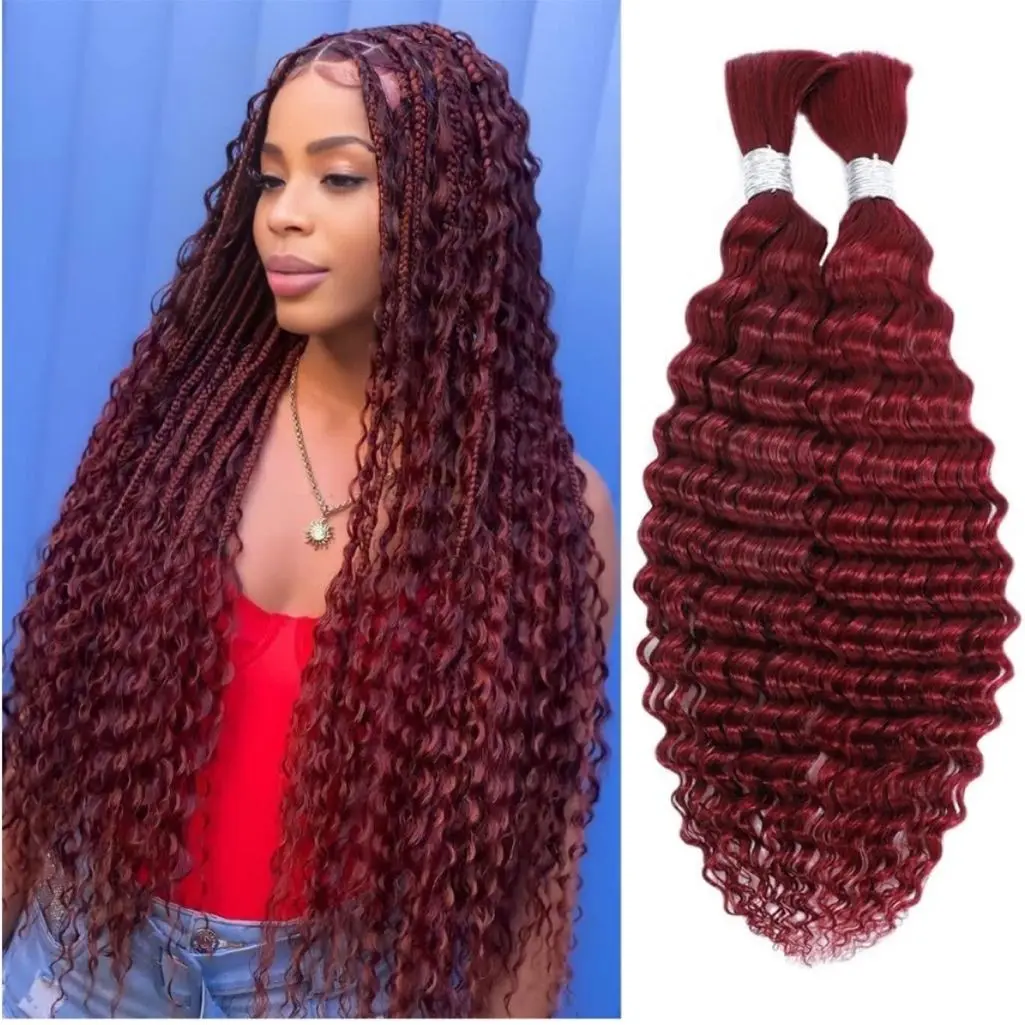 

Burgundy Human Braiding Hair for Boho Braids 12A Deep Wave Boho Bulk Human Hair for Braiding Knotless Bohemian Braids No Weft