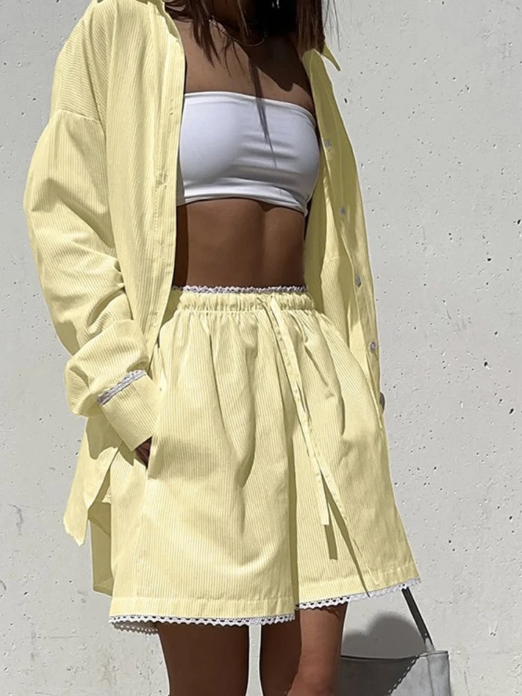 

Llinar Fashion Loose Yellow Stripe Women's Two Pieces Set 2025 Elegant Long Sleeve Shirt With High Waist Shorts Set Female