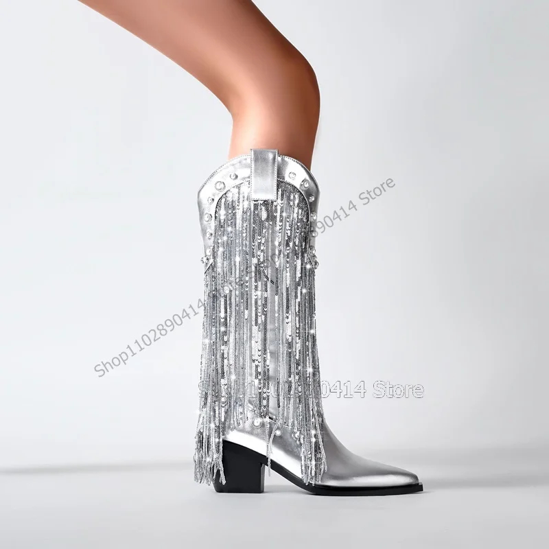 

Silver Sequins Tassels Pearl Decor Pointed Toe Boots Slip On Women Shoes Chunky High Heels Novel Party 2023 Zapatos Para Mujere