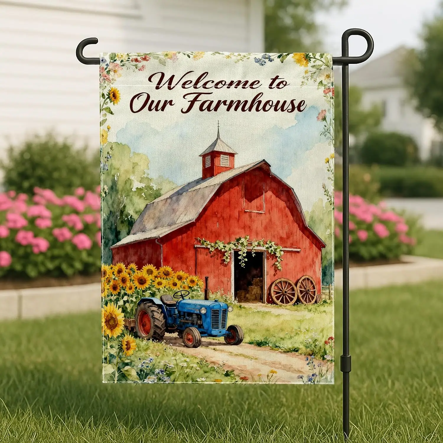 Barn Garden Flag, Farmhouse Rustic Tractor Sunflower Summer Red Double Sided Burlap Small Garden Yard Flag for Outdoor Patio MMZ