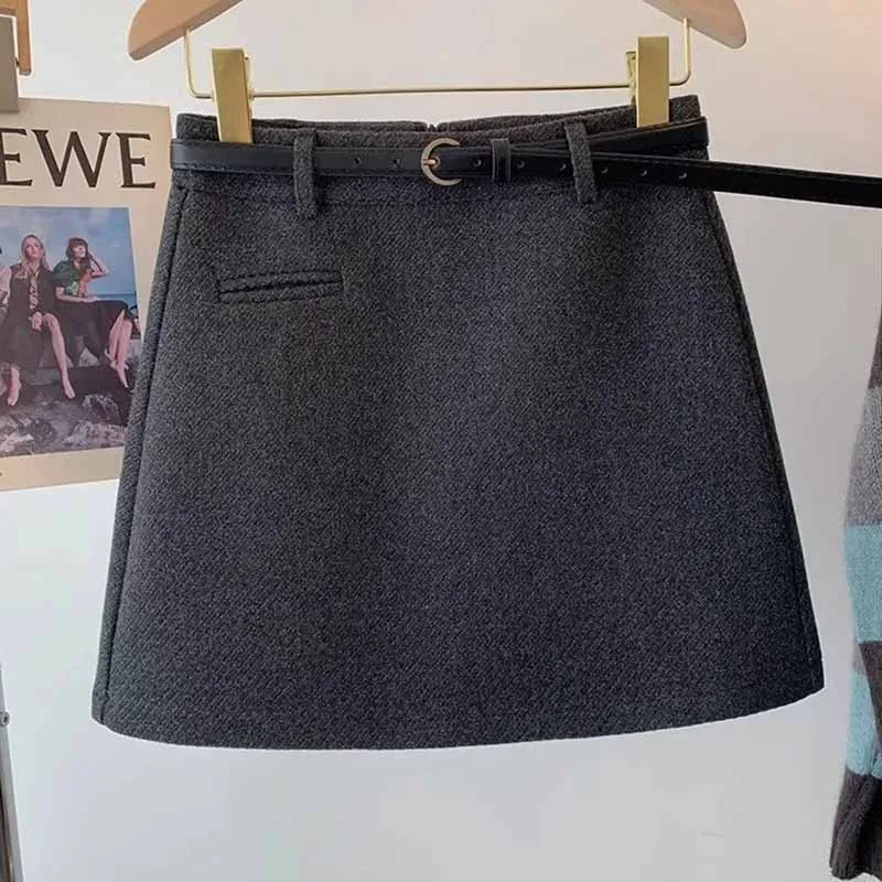Korean Fashion Office Lady Mini Skirts Elegant Zipper High Waist with Belt Woolen Skirts Female Autumn Winter Thick Short Skirt