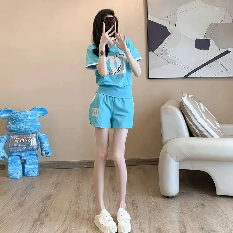 

Fashionable Casual Sporty Chic Short Sets Female Summer Printing Short Sleeve High Waist Shorts Two-piece Suit Women Clothes