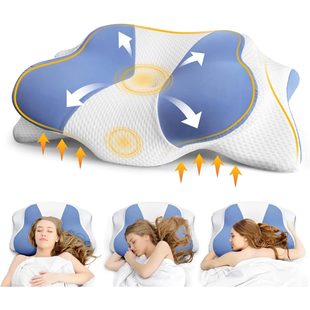 Oreiller rafraîchissant pour le cou, oreiller ergonomique en mousse à mémoire de forme - Conception orthopédique, adapté aux dormeurs sur le côté, sur le dos et sur le ventre (bleu et blanc)