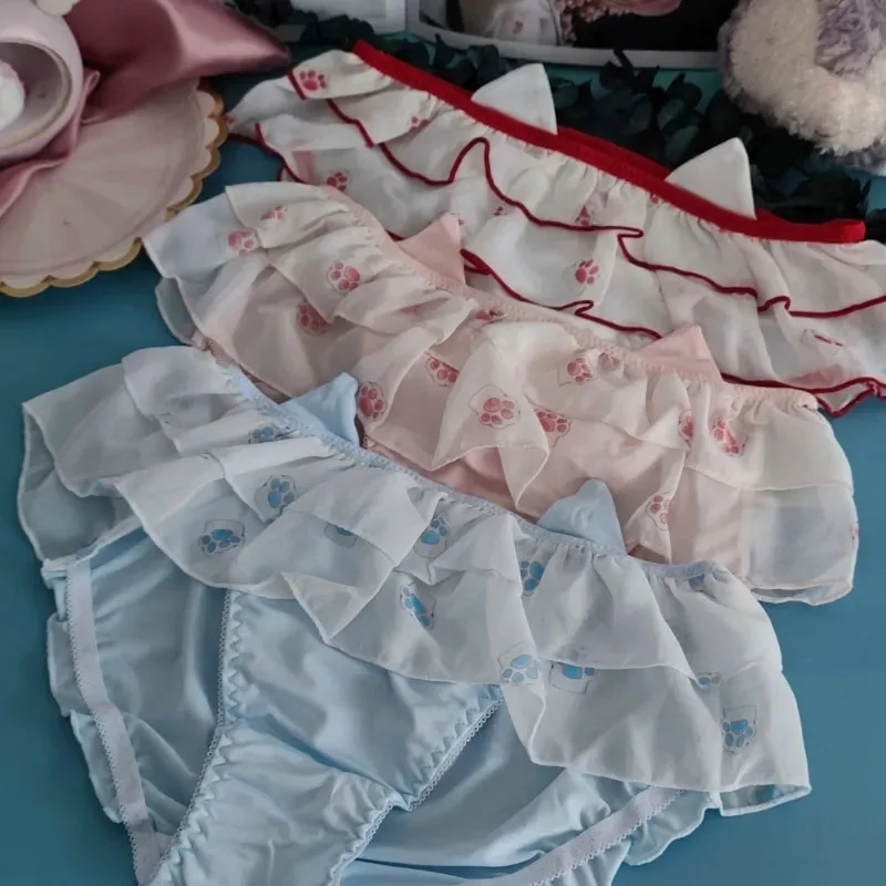 Sweety Cat Ears Japanese Girls Lingerie Kawai Lolita Milk Silk Smooth Cat Claw Skirt Edge Panties Sissy Cute Ruffle Briefs