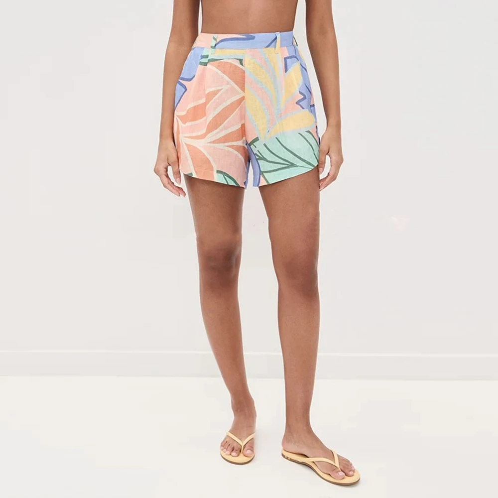 Women Floral Print Single Breasted Belt Cotton Linen Sexy Casual Shirt Shorts Suit