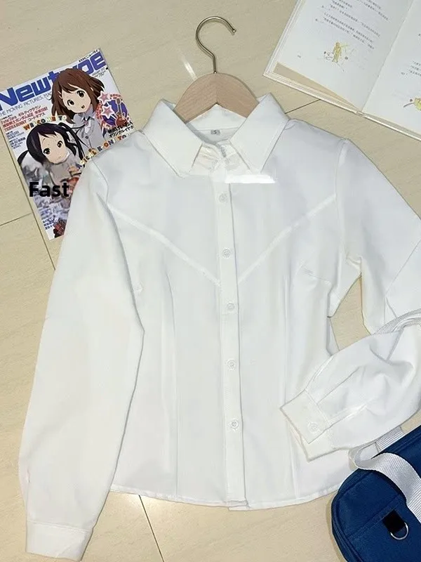 

White Slim Fit Shirt Women's Spring Summer Long Sleeve Waist-Cinching Collar Regular Length Polyester Inner Wear Base Top