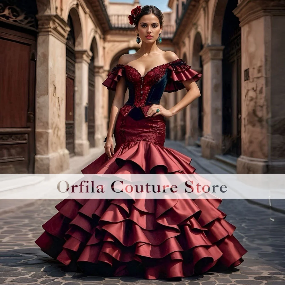 Vestido de Fiesta Flamenco Gitano, Rojo con Volantes, Estilo Sirena, Vestidos de Noche Españoles de Barcelona, para Baile Formal, Personalizado