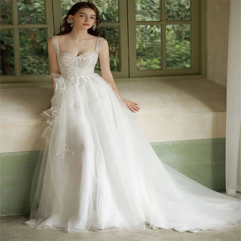 New Elegant Sheer Tulle Wedding Dresses Latest Styles Backless Prom Gowns  Mopping Length Princess Vestidos  Customized 078