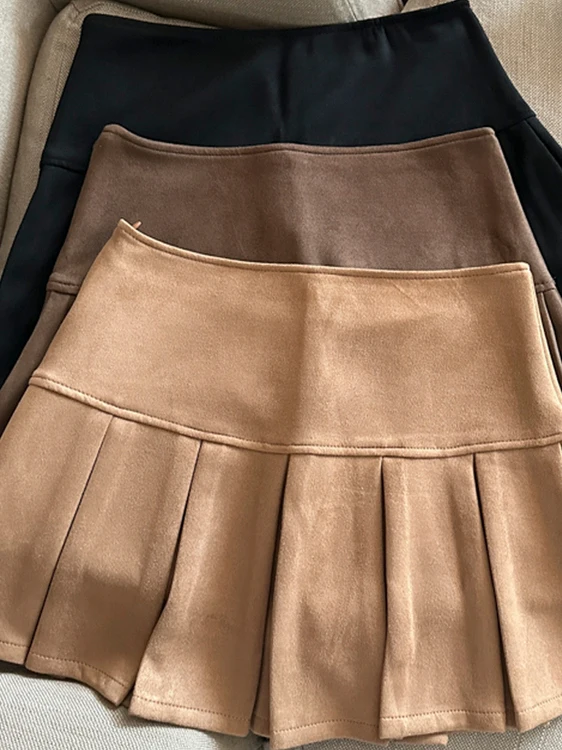 Khaki Suede Pleated High Waist Women's  Skirt Anti-Light Short Skirt Pants Autumn Winter New Style Slimming Sexy Girl