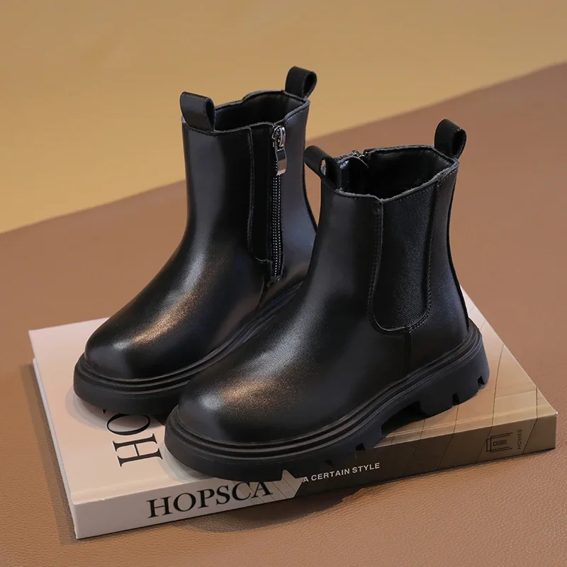 Toddlers Girls Leather Boots Round Toe Children Ankle Boots Side Zipper Walking Non-slip Kids Black Platform Boots Soft Soled