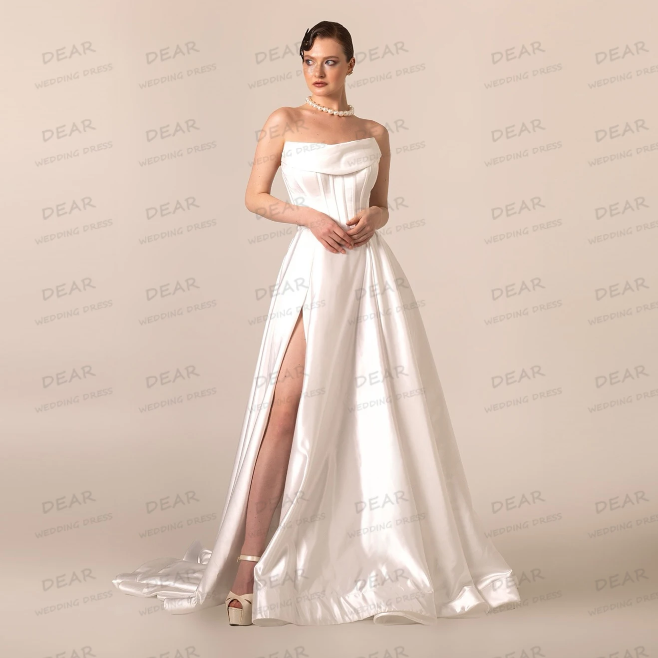 

Simple Sexy Boat Neck Wedding Dresses Women's A Line Side Split Sleeveless Sweep Train Bride Gowns Vestidos De Novia Customized