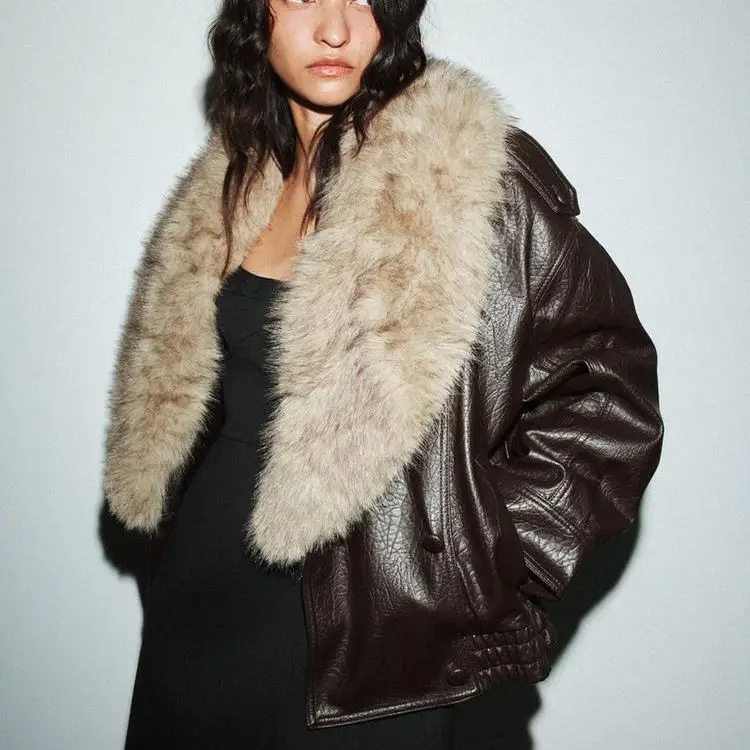 Faionable Casual Motorcycle Sle PU Leather Jaet Women's Coat Detachable Fur Collar Autumn Winter New Arrival 434853