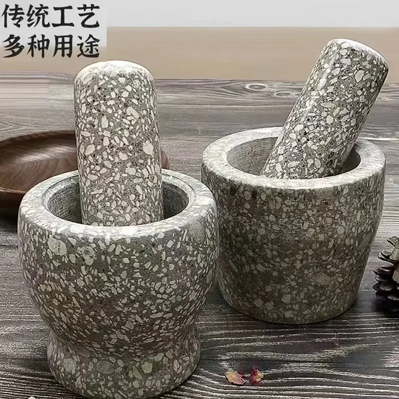 Natural Grindstone Mortar and Pestle Set Grinder for Home Use with Garlic Press, Stone Mill Medicine Grinder, Grinding Tool