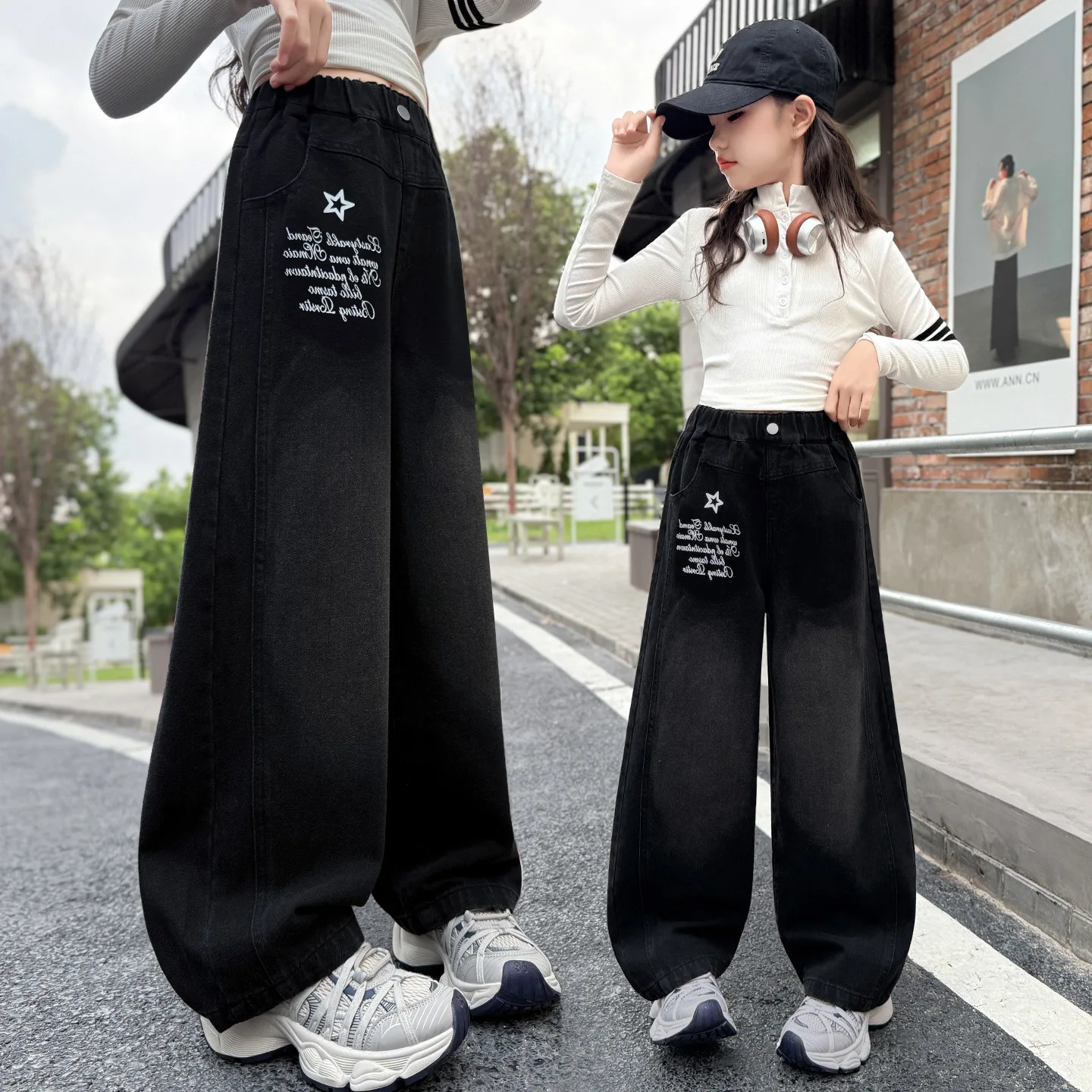 

Джинсы для девочек-подростков, модные широкие брюки с надписью, весенне-осенние детские прямые брюки с эластичной резинкой на талии, свободные детские джинсовые брюки